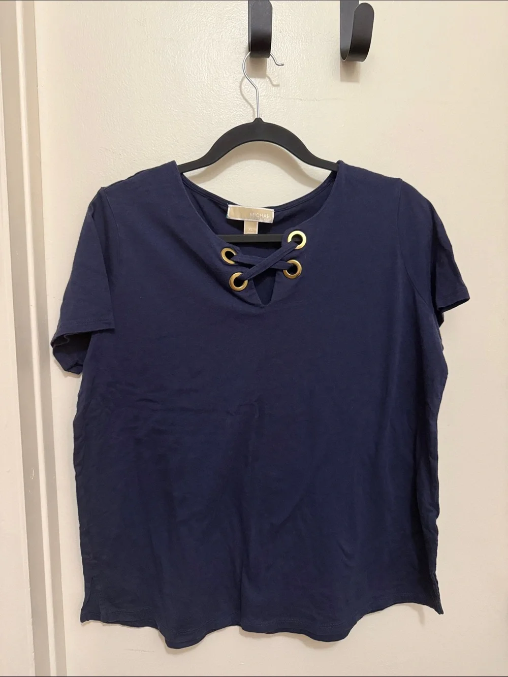 Michael Kors Navy Short Sleeve Lace-Up Top with Gold Eyelets
